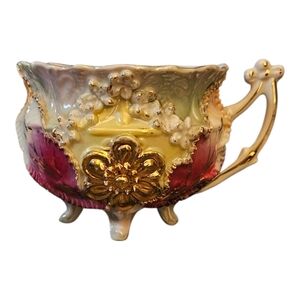 Vintage Floral German Porcelain Footed Teacup Opalescent CHIPPED